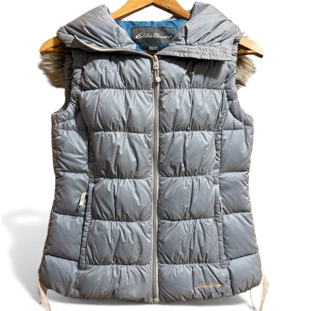 Eddie Bauer Women's Blue Down  Puffer Vest with removable faux fur collar